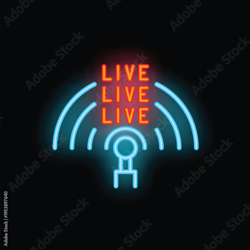 Neon microphone emitting sound waves and the word live repeated three times above it