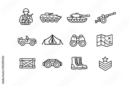 Army and Ground Forces. Line outline icon set of Army and Ground Forces: infantry soldier,