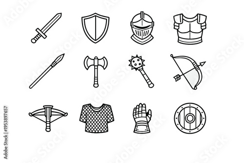 Weapons and Armor. Line outline icon set of Weapons and Armor: sword, shield, helmet armor,
