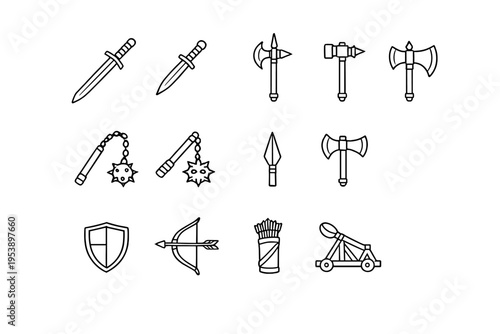 Medieval Weapon Icons. Medieval Weapons. Line outline icon set of Medieval Weapons: longsword, dagger, halberd
