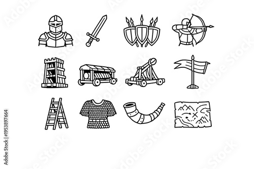 Medieval Warfare Icons. Medieval Warfare. Line outline icon set of Medieval Warfare: armored knight, battle