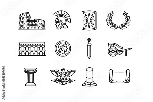 Ancient Rome. Line outline icon set of Ancient Rome: Colosseum, Roman helmet, legion shield,