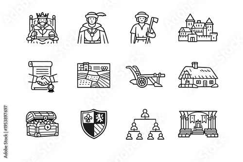 Feudal Society. Line outline icon set of Feudal Society: king throne, noble lord, peasant
