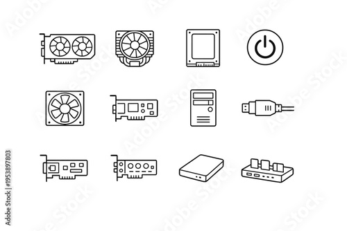 Outline icon set of hardware devices: graphics card, CPU cooler, SSD drive, power button,