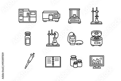 Analytical Chemistry Laboratory. Line outline icon set of Analytical Chemistry Laboratory: