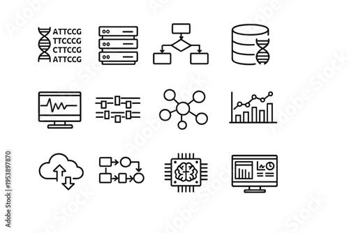 Bioinformatics. Line outline icon set of Bioinformatics: DNA sequence code, data server,
