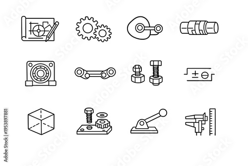 Machine Design Icons. Machine Design. Line outline icon set of Machine Design: technical drawing, gear