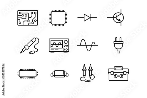 Electronics Engineering. Line outline icon set of Electronics Engineering: printed circuit
