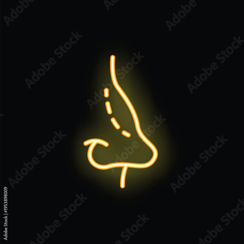 Bright yellow neon sign of a human nose shining on a dark background