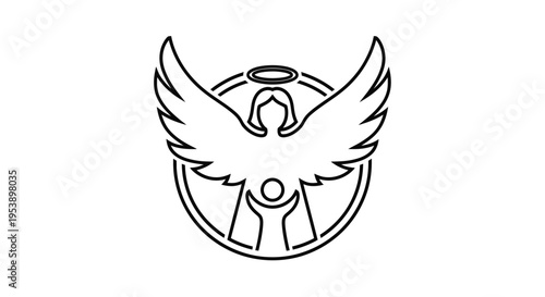 Outline Angel with Halo and Wings in Circular Frame, Caring Spiritual Icon, Isolated White Background