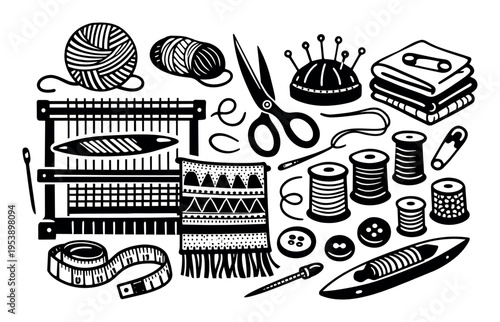 Crafting supplies spread on a surface, including yarn, loom, needles, thread, scissors, thimble, buttons, and measuring tape