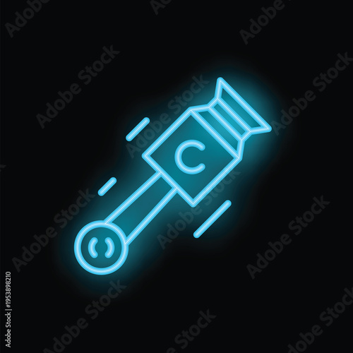 Neon icon of a piston moving up and down, representing the operation of a combustion engine, with a vibrant blue glow against a dark background