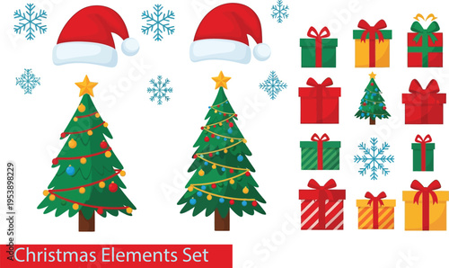 Christmas Elements Set Vector Clipart Collection - Trees, Gifts, Santa Hat, Snowflakes,Presents