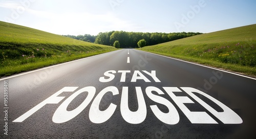 Motivational phrase stay focused painted on asphalt road surrounded by green grassy hills under a clear sky