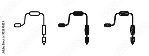 Hand Drill Icons Set - Outline, Solid Glyph, and Hand Drawn Styles for Vintage Woodworking Tools