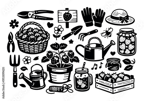 Collection of black and white strawberry gardening elements, showing plants, fresh fruit, harvesting tools, and preserves