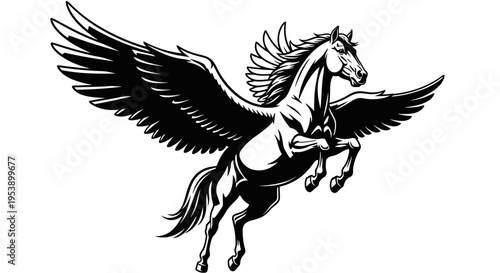 Dynamic Black Pegasus Leaping Forward, Mythical Winged Horse in Motion, Isolated White Background