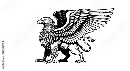 Majestic Gryphon Mythical Creature Standing with Wings Spread, Powerful Beast, Isolated White Background, Noble Symbol