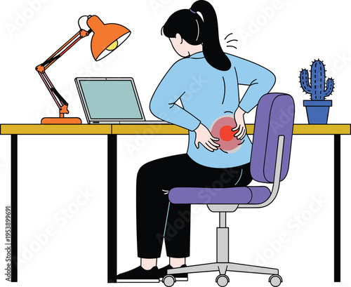 Woman Sitting at Desk with Laptop Suffering from Back Pain Workplace Health Problem Vector Illustration