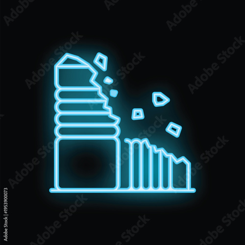 Blue neon sign depicting a crumbling building on a black background, symbolizing the aftermath of a devastating earthquake