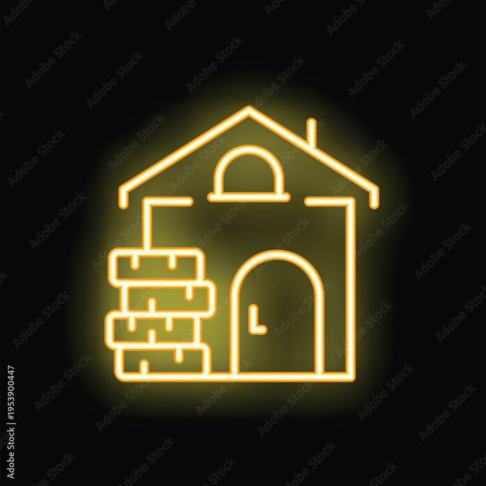 Fototapeta premium Yellow neon sign depicting a traditional wine cellar with wooden barrels, evoking the ambiance of winemaking and storage