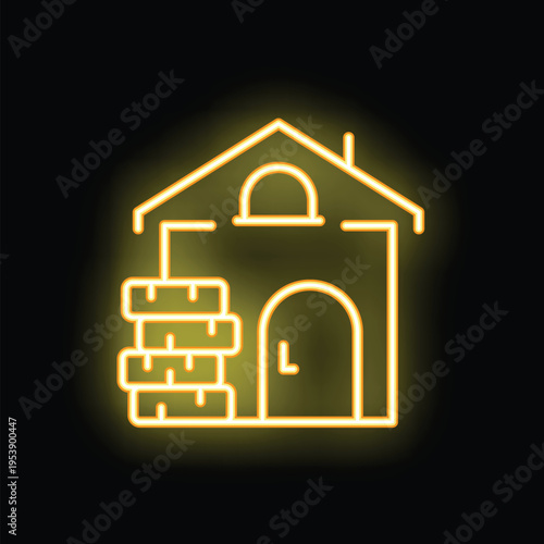 Yellow neon sign depicting a traditional wine cellar with wooden barrels, evoking the ambiance of winemaking and storage