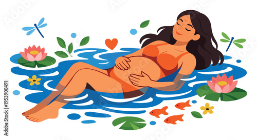 Pregnant woman in a peaceful pond, floating among lily pads and fish, finding comfort and wellness during maternity