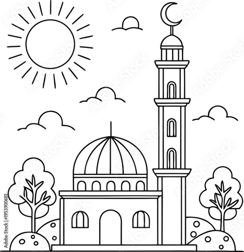 A simple line drawing of a mosque with a minaret and sun