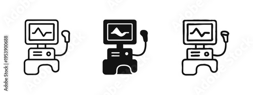 Medical monitor and ultrasound machine icons in outline, solid, and hand-drawn styles for diagnostic imaging.