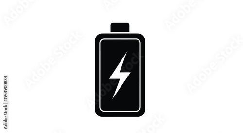 A stark black and white illustration depicts a fully charged battery symbol with a lightning bolt