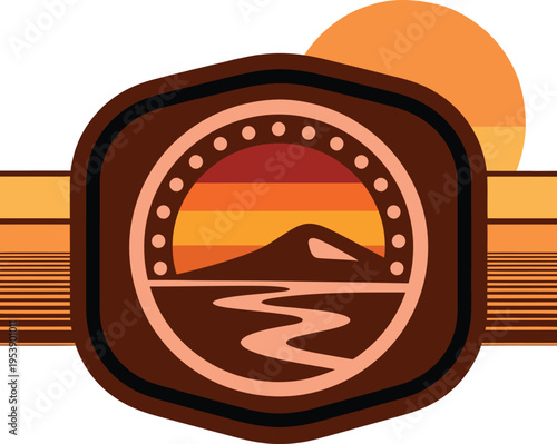 Minimalist retro mountain landscape emblem with winding river and sunset in warm vintage color palette style.