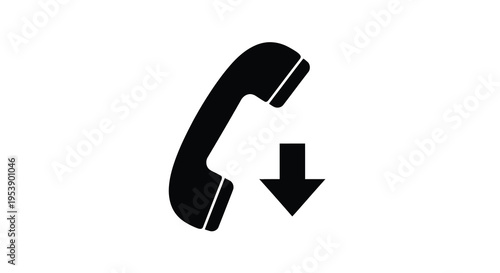 A simple black silhouette depicts a telephone handset above a downward pointing arrow high quality