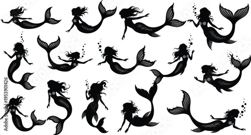 Mermaid silhouettes, mythical sea creatures, ocean goddess, swimming under water, aquatic fantasy, siren silhouettes, navy folklore, feminine marine icons, black vector graphics