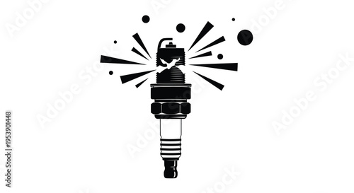 A striking black and white illustration depicts a spark plug with radiating energy bursts