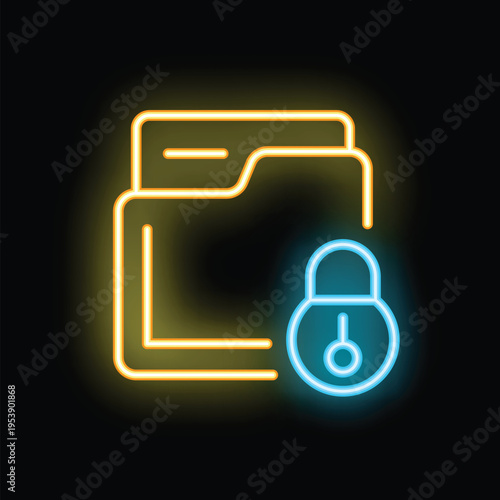 Glowing neon line art icon of a folder being locked with a padlock, representing data protection and privacy