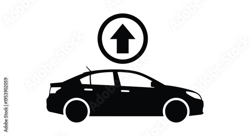 A black silhouette of a modern sedan is shown with an upward arrow symbol above it