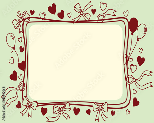 Romantic hand-drawn frame with red line art hearts, ribbons, and balloons on a pastel background, perfect for love cards, wedding invitations, and celebrations