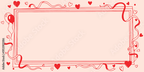 Romantic Valentine Decorative Frame Background with Hand Drawn Red Line Art, Hearts, Ribbons and Candles on Soft Pink Pastel