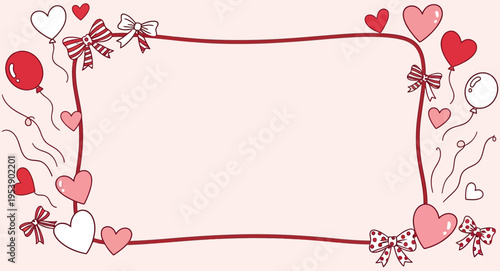 Romantic Valentine Decorative Frame Background with Hand Drawn Red Line Art, Hearts, Ribbons and Balloons on Soft Pink Pastel