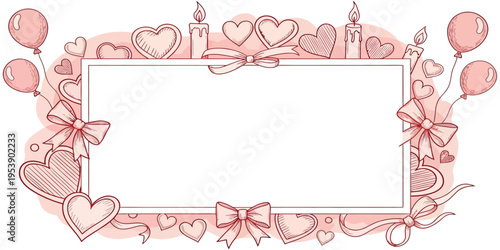Elegant Valentine's Day decorative frame with hand-drawn hearts, candles, balloons, and ribbons on a soft pink background for romantic invitations and greeting cards