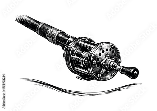 Close-up of a classic fishing reel attached to a rod, a subtle curved waterline beneath, monochrome halftone
