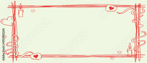 Hand-Drawn Romantic Valentine's Decorative Frame with Hearts, Ribbons, and Candles, Perfect for Love Cards and Invitations