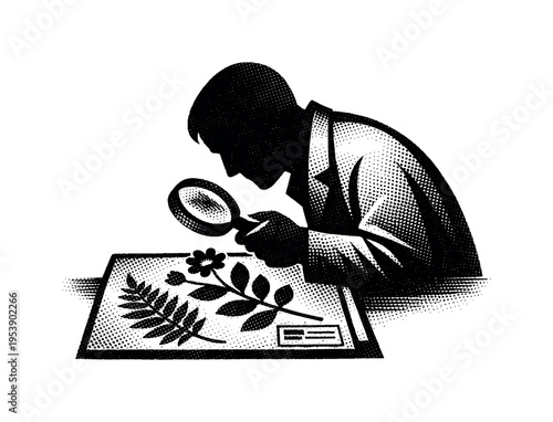 Symbolic composition of a simplified scientist silhouette leaning over a stylized herbarium sheet, forms