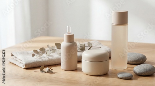 Ultra Realistic Skincare Bundle Mockup – Serum, Cream, and Toner in Pastel/Monochrome Colors with Natural Lifestyle Styling, Blank Labels