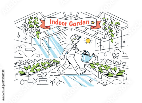 Lively Greenhouse Scene. Greenhouse Interior. A bright glass greenhouse filled with neat rows of leafy plants