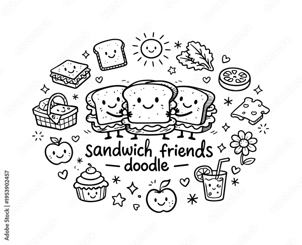 Fototapeta premium Sandwich Friends Doodle. sandwich friends doodle. Hand-drawn doodle illustration of sandwich friends doodle.