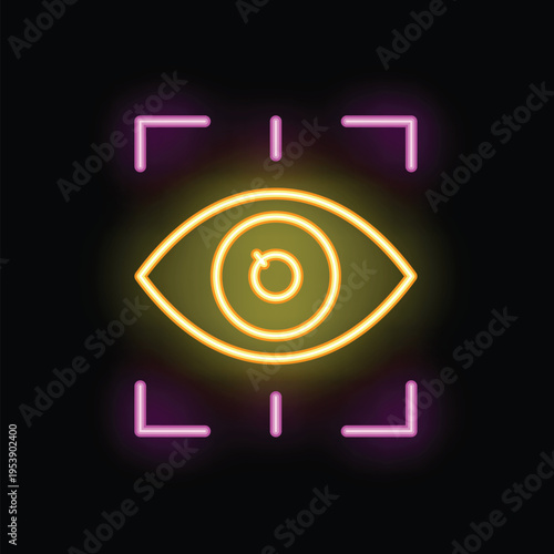 Neon human eye scanning system with yellow and pink neon colors on a dark background