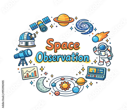 Space Observation. Hand drawn illustration of Space Observation. telescope lens, satellite, stars, planet icon