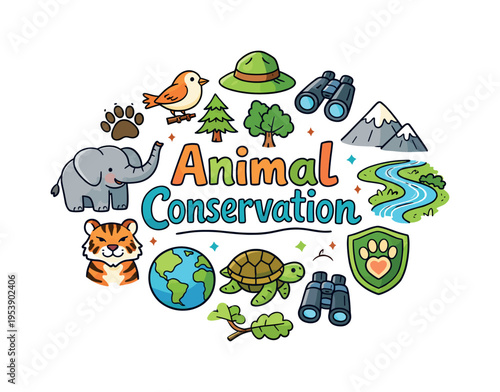 Animal Conservation. Hand drawn illustration of Animal Conservation. elephant, tiger, turtle, bird, paw print,