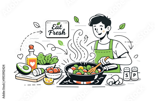 Cooking Healthy Food. A person stirring a pan full of colorful vegetables, steam rising in soft curved lines